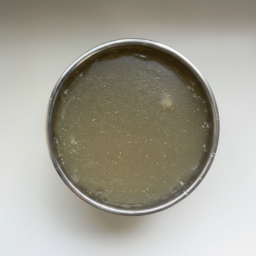 Caldo Santo gelado em uma tigela de inox, visto de cima.