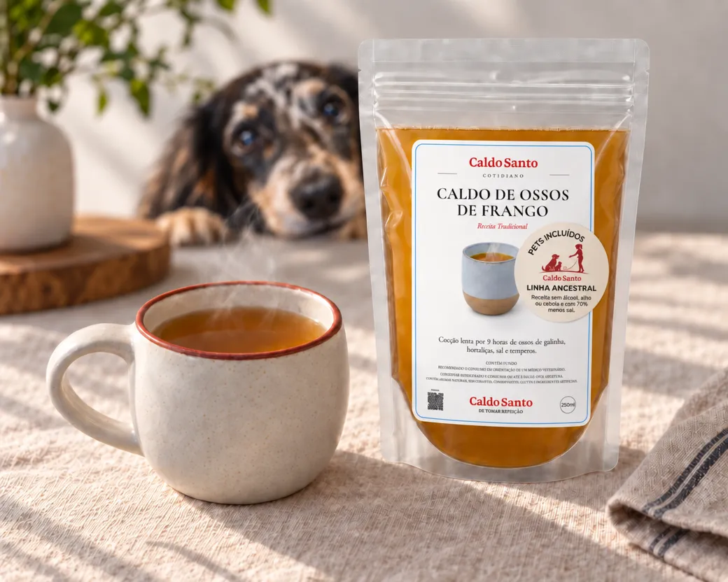 Cachorro dachshund segurando uma sacola Caldo Santo, Linha Ancestral: caldo de frango sem álcool, alho ou cebola e com 70% menos sal