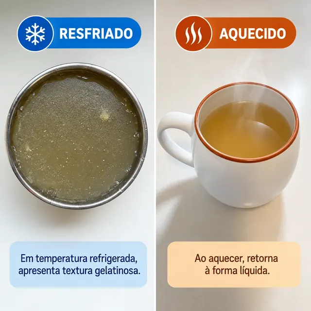 Comparação: caldo resfriado com textura gelatinosa na tigela e caldo aquecido, líquido, na caneca.